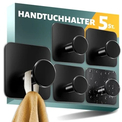 Abbildung von Menz Handtuchhalter ohne Bohren, 5er SET Stilvolle schwarze Haken selbstklebend mit 3M Spezial Klebe Pads Moderne Klebehaken ideal als Wandhaken, Handtuchhaken Bad rostfrei
