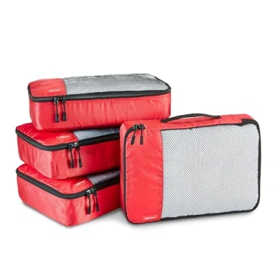 Abbildung von Amazon Basics Packwürfel Set für Koffer, Reise Organizer, Reißverschluss, 4 Teilig, Mittelgroß, Rot