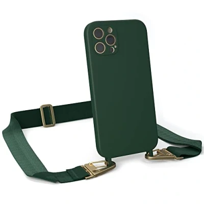 Abbildung von EAZY CASE Handykette Silikon mit Karabiner kompatibel iPhone 12 Pro Handyhülle breitem Umhängeband, Handykordel Silikon, Hülle, Kette für Smartphone, Pinien Grün Glänzend Gold