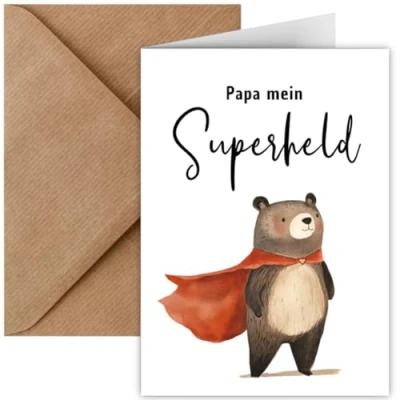 Abbildung von Karte für Papa zum Vatertag oder Herrentag inkl. Briefumschlag Vatertagskarte Glückwunschkarte Geburtstag DIN A6 Format Geschenk (Klappkarte Superheld)