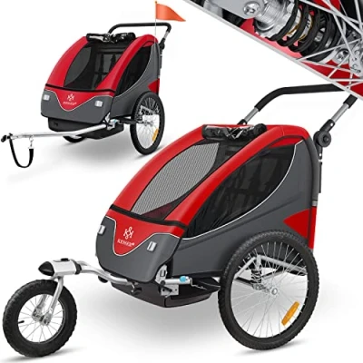 Abbildung von KESSER® Kinderanhänger Fahrradanhänger 360 Drehbar mit Federung 2in1 Joggerfunktion Kinderfahrradanhänger + 5 Punkt Gurt Jogger Fahrrad Anhänger für 1 bis 2 Kinder max. 40kg Rot