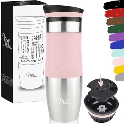 Abbildung von Milu Thermobecher 370ml 450ml Isolierbecher Kaffeebecher to go 100% Auslaufsicher Trinkbecher aus Edelstahl Autobecher doppelwand Isolierung Thermo Becher Travel Mug (Rosa, 450ml)