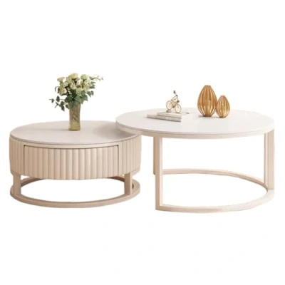 Abbildung von HRXQ Runder Couchtisch Weiß Wohnzimmertisch Mit Stauraum, 50cm+70cm Moderne Rund 2er Set Satztische Kaffeetisch Für Wohnzimmer, Balkon Und Büro
