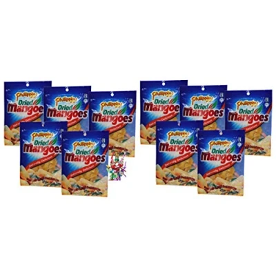 Abbildung von yoaxia ® 10er Pack [ 10x 100g ] Philippine BRAND getrocknete Mangos Mango Streifen / Dried Mangoes + ein kleines Glückspüppchen Holzpüppchen