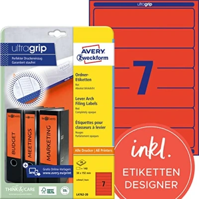 Abbildung von AVERY Zweckform L4762 20 Ordnerrücken Etiketten (140 Rückenschilder mit ultragrip, 38x192mm auf A4, schmal/kurz, selbstklebend, absolut blickdicht, bedruckbare Ordneretiketten) Blatt, rot