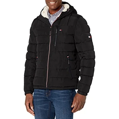 Abbildung von Tommy Hilfiger Herren Midweight Sherpa Lined Hooded Water Resistant Puffer Jacket Mantel, Black Tech, XXL