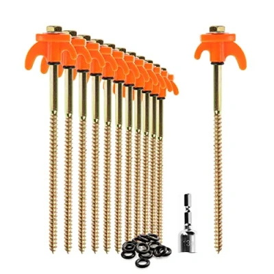 Abbildung von com four® 12x Zeltheringe robuste Stahl Heringe mit Gewinde und Seil Halterung Felsboden Erdnägel für Camping Outdoor Zelthaken harten Boden Holz goldfarben + orange