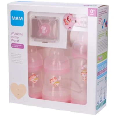 Abbildung von MAM Welcome To The World Geschenkset mit 3 Anti Kolik Fläschchen, Start Nano Schnuller, Clip It! &amp; Cover, Schnullerhülle, Rosa