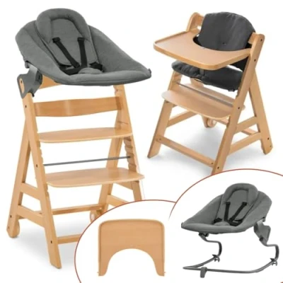 Abbildung von Hauck Alpha Move Natur 5 tlg. Newborn Set Hochstuhl + 2in1 Neugeborenen Aufsatz &amp; Wippe Essbrett Hochstuhlauflage Jersey Charcoal