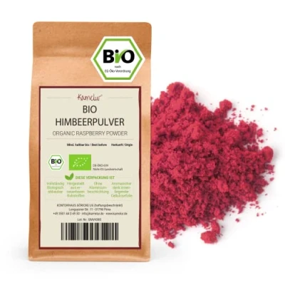 Abbildung von Kamelur Bio Himbeerpulver 250g Gemahlene Himbeeren gefriergetrocknet in biologisch abbaubarer Verpackung