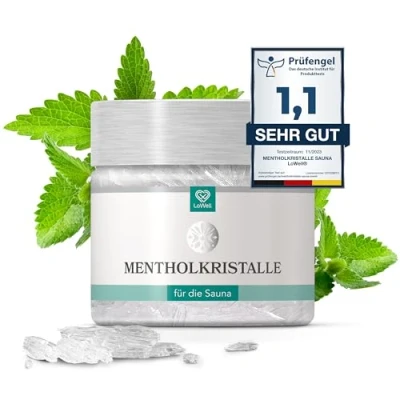 Abbildung von LoWell® 50g Mentholkristalle aus 100% reiner Minze Ideal als Sauna Aufgussmittel für die in wiederverschließbarer Dose Menthol