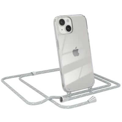Abbildung von EAZY CASE Handy Chain kompatibel mit iPhone 14, Handykette Tasche transparent, Stoßfeste Soft Silikon TPU, Stylische Kette Hülle für Smartphone, Grau/Weiß Verschlüssen in Silber