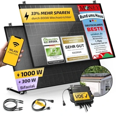 Abbildung von Solakon® 1000W Balkonkraftwerk mit Halterung (Gartenhaus) 800W komplett Steckdose neuester 800 Watt Wechselrichter Solaranlage Komplettset 500W bifaziale Solarmodule inkl. Zubehör