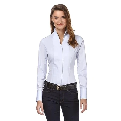 Abbildung von Vincenzo Boretti Damen Bluse mit Kelchkragen leicht tailliert 100% Baumwolle bügelleicht Langarm Hemdbluse Stehkragen elegant festlich auch für Business eisblau 34