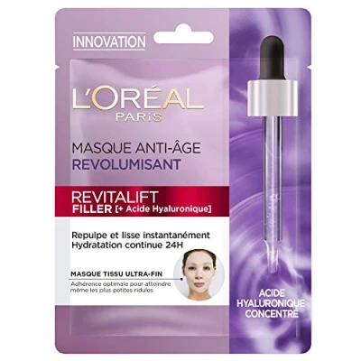 Abbildung von L&#039;Oréal Paris Stoffmaske für das Gesicht, mit Anti Falten Serum, revolutionierend, 24 Stunden Feuchtigkeit, Aging &amp; auffüllend, reiner Hyaluronsäure, japanische Baumwolle, ultradünn,