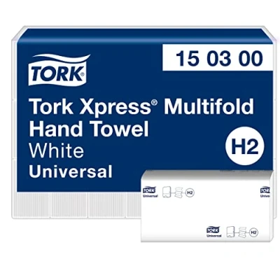 Abbildung von Tork Xpress Multifold Papierhandtücher 150300 H2 Universal Falthandtücher für Handtuchspender mehrfach gefaltet, groß, 2 lagig, weiß 21 x 160 Tücher