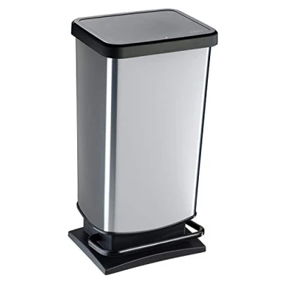 Abbildung von Rotho Paso Mülleimer 40l mit Pedal und Deckel, Kunststoff (PP) BPA frei, silbermetallic, (35.3 x 29.5 67.6 cm), Silber