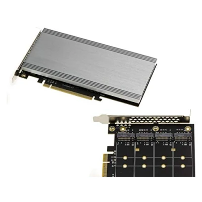 Abbildung von KALEA INFORMATIQUE PCIe x16 M2 Controller Karte für 4 M.2 NVMe M Key SSDs mit Chipsatz 2824, kompatibel Non Bifurcation und Modi.