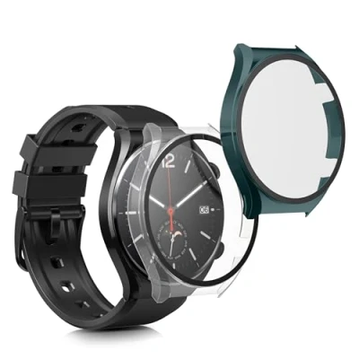 Abbildung von kwmobile 2X Cover kompatibel mit Xiaomi Watch S1 Hülle Fullbody Fitnesstracker Case Set aus Glas Transparent Grün