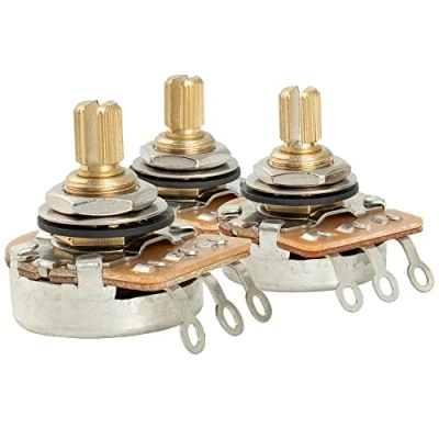 Abbildung von Musiclily Pro HD A250K+B250K Messing Zoll Größe Feines 24 Zähne Short Split Shaft Poti Audio Taper Potentiometer für E Gitarre und Bass(Set 2A1B)