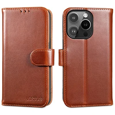 Abbildung von LENSUN Echtleder Hülle für iPhone 14 Pro, Leder Handyhülle [Kartenfach][Magnetverschluss][RFID Schutz] Handytasche Echt Lederhülle Pro 5G Dunkelbraun