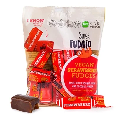 Abbildung von SUPER FUDGiO Bio Bonbons Erdbeere Vegan und Glutenfrei Organic Karamellbonbons ohne Palmöl mit Kokosmilch Kokosnusszucker 10 x 150g Multipack Geschmack: