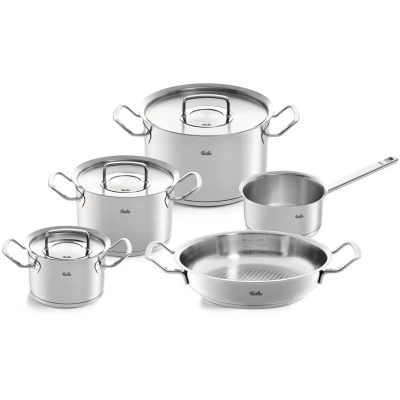 Abbildung von Fissler Topf Set &quot;ORIGINAL PROFI COLLECTION Edelstahl Topfset&quot;, 18/10, (8 tlg., je 1 Kochtopf 16/20/24 cm, Stielkasserolle 16 Pfanne 24 cm), mit breitem Schüttrand, Kaltmetallgriffen. Made in Germany