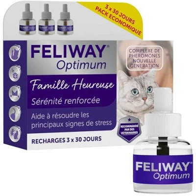 Abbildung von FELIWAY Optimum Anti Stress für Katzen beruhigender Pheromonkomplex eine verbesserte Gelassenheit Sparpack mit 3 Nachfüllpackungen (3 x 30 Tage)