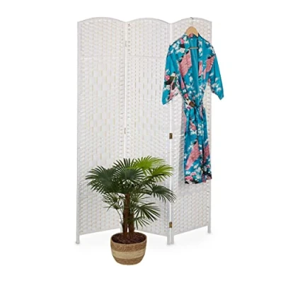 Abbildung von Relaxdays Paravent, HxB: 170 x 120 cm, Trennwand für innen, Holz &amp; Papierseil, faltbarer Raumteiler, 3 teilig, weiß