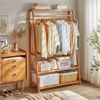 Abbildung von unho Garderobenständer Bambus, Kleiderständer mit 3 Ablagen und 10 Hanken, Wäscheständer Kleiderstange, für Flur, Wohnzimmer Büro, 80x43.5x165cm