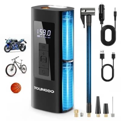 Abbildung von Fahrradpumpe, YOUNGDO Luftpumpe Fahrrad 150PSI, Fahrradpumpe Elektrisch 6000mAh, Elektrische Luftpumpe, Akku Kompressor, alle Ventile für Fahrrad, Motorrad, Bälle