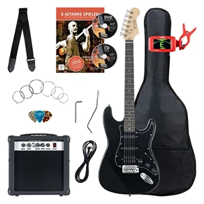 Abbildung von Rocktile ST Pack Komplettset Power E Gitarre Schwarz (Verstärker, Stimmgerät, Tremolo, Tasche, Kabel, Gurt, Plecs, Ersatzsaiten und Schule mit CD/DVD)