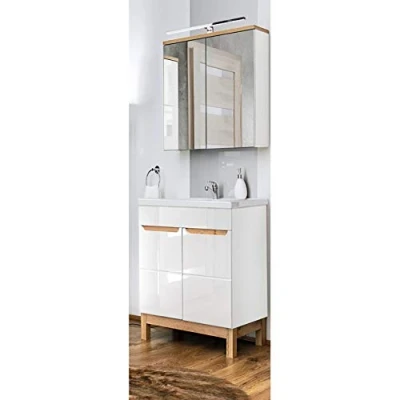 Abbildung von Lomadox Badrmöbel Waschplatz Set in Hochglanz weiß mit Eiche, 60cm Waschtisch Unterschrank Keramik Waschbecken &amp; LED Spiegelschrank