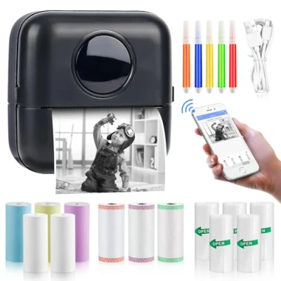 Abbildung von GuKKK Mini Drucker, Mobiler Fotodrucker, Tragbarer, Wireless Thermodrucker, mit 13 Rollen Druckerpapie und 5 Buntstifte, für Lernhilfe,Lernnotizen,Journal,Notizen,Liste