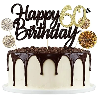 Abbildung von Tortendeko Schwarzes Gold 60th, Happy Birthday Cake Topper, Papierfächer Cupcake, 60. Kuchendeko Tortenstecker für Geburtstag Deko Männer Frauen