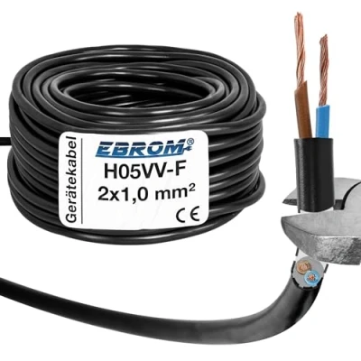 Abbildung von EBROM Kunststoff Schlauchleitung RUND, Kabel, Stromkabel, Leitung, Gerätekabel H05VV F 2x1,0 mm² Farbe: schwarz Viele Längen in 5 Meter Schritten bis 200 2x1 mm2, Ihre Kabellänge: 15
