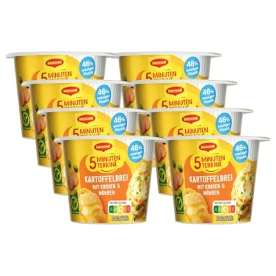 Abbildung von MAGGI 5 Minuten Terrine Kartoffelbrei mit Erbsen und Möhren, leckeres Fertiggericht Gemüse, Instant Kartoffel Püree, Snack, 8er Pack (8 x 43g)