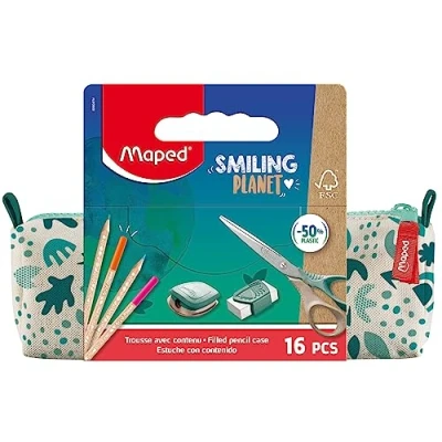 Abbildung von Maped Federmäppchen Smiling Planet mit Schulbedarf aus Stoff + 12 Buntstifte FSC 1 Schere 16 cm Spitzer Reserve weißer Radiergummi