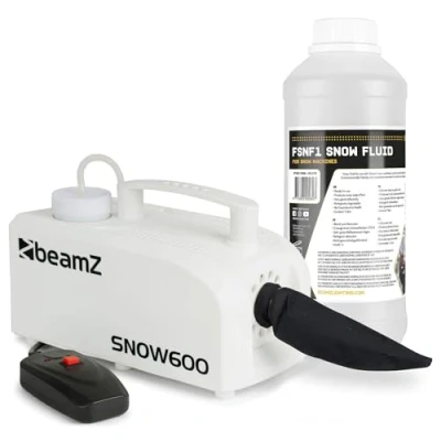 Abbildung von BeamZ SNOW600 Set Schneemaschine mit Flüssigkeit, 900 Watt Schnee Maschine Kabelfernbedienung, Snow Machine 1 Liter Schneefluid, mini Schneekanone Garten, Winter Simulation