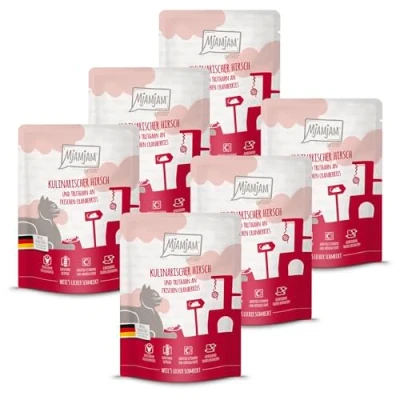 Abbildung von MjAMjAM Premium Nassfutter für Katzen Quetschie kulinarischer Hirsch und Truthahn an frischen Cranberries 300g, 6er Pack (6 x 300g), naturbelassen mit extra viel Fleisch