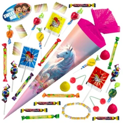 Abbildung von OYOY Schultüte gefüllt mit Süßigkeiten Mix I Einhorn 35 cm kleine fertig Geschwister Zuckertüte klein Einschulung Geschenk