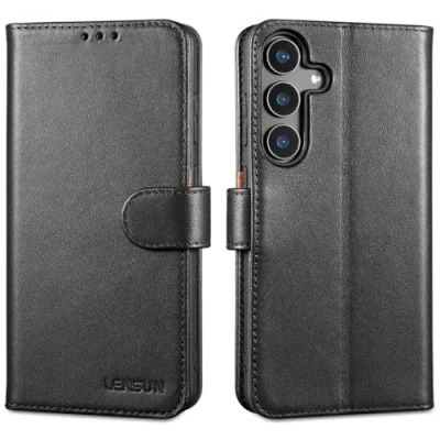 Abbildung von LENSUN Echtleder Hülle für Samsung Galaxy S25 Plus, Handyhülle [Echtes Leder][Kartenfach][RFID Schutz] Lederhülle Klappbar Handytasche S25+ 5G Schwarz