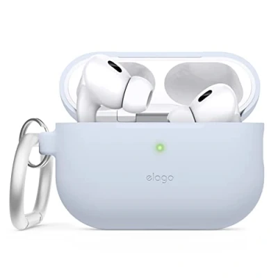 Abbildung von elago Silikonhülle Kompatibel mit Apple AirPods Pro 2. Generation Case, Schutzhülle Schlüsselanhänger, Sichtbare Front LED, Unterstützt Drahtloses Aufladen