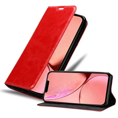 Abbildung von Cadorabo Hülle kompatibel mit Apple iPhone 13 aus Premium Kunst Leder Flip Klappbare Stoßfeste Magnetische [Standfunktion] [Kartenfächern] Cover für Tasche in Rot