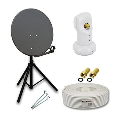 Abbildung von Premium X Camping Satelliten Komplettanlage 80cm Satellitenschüssel SAT Single LNB 10m Kabel F Stecker Dreibein Stativ