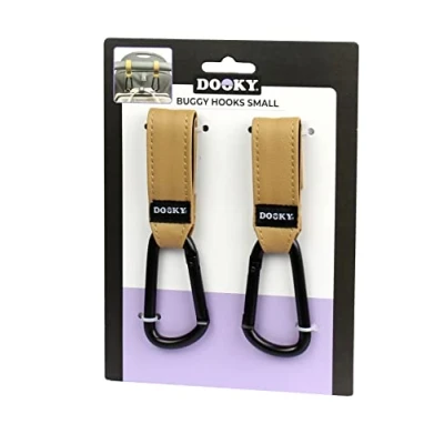 Abbildung von Dooky Kinderwagen Haken Small, 2 Stück Kinderwagenhaken Buggy für Taschen, Clips Anhänger Taschenhaken Aluminium Braun Universelle Passform