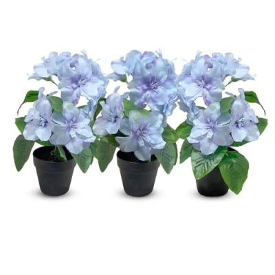Abbildung von Murago 3er Set Künstliche Azalee im Topf Blau Kunstblume Kunstpflanze Pflanzen Blumen Gastro Tischdeko Frühling Dekoration Hellblau für Balkon Hochzeit