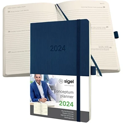 Abbildung von SIGEL C2432 Terminplaner Wochenkalender 2024, ca. A5, dunkelblau, Softcover, 192 Seiten, Gummiband, Stiftschlaufe, Archivtasche, PEFC zertifiziert, Conceptum