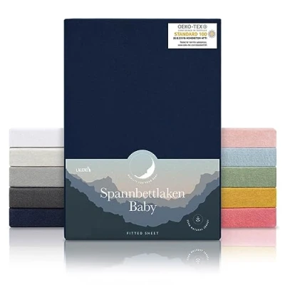 Abbildung von Laleni Jersey Spannbettlaken 28x73cm 30x76cm Babybett 2er Set Oeko TEX zertifiziertes Stubenwagen Bezug 100% Baumwolle Kinderwagen Baby Bettwäsche in Blau
