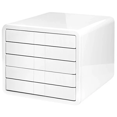 Abbildung von HAN Schubladenbox i BOX, Schreibtischbox mit 5 Schubladen bis A4/C4, Auszugsperre, diskretes Beschriftungskonzept reddot design award für Ordnung am Schreibtisch, 1551 12, hochglänzend weiß